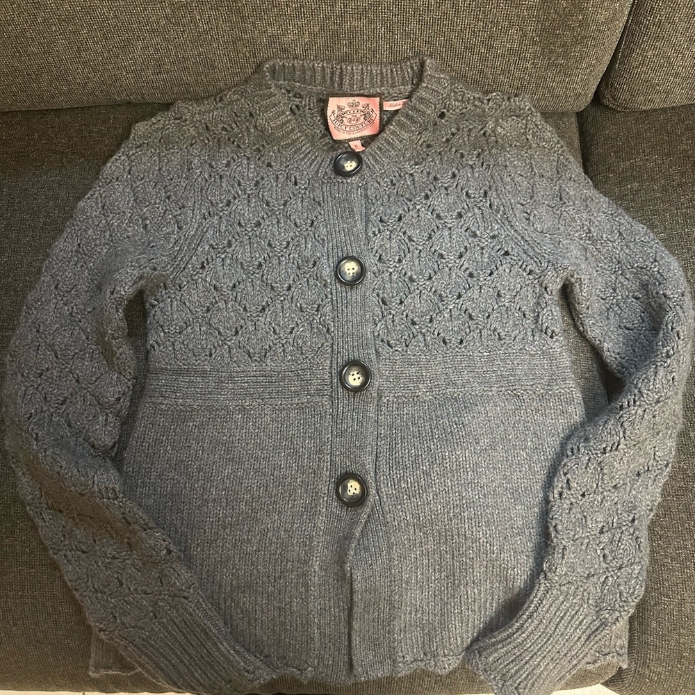 Juicy Couture Sweater Women’s Gray Cardigan Cable Knit Chunky Wool  Y2K